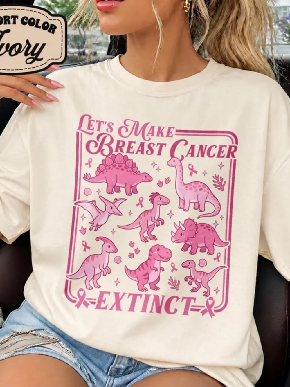 Comfort Colors Ivory Tee with Pink Breast Cancer Dino Graphic